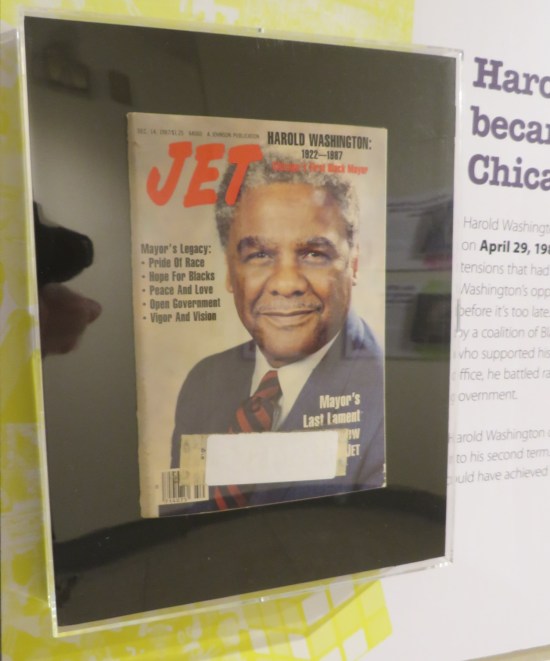 Jet Magazine with Harold Washington on the cover, exhibited in a glass case.