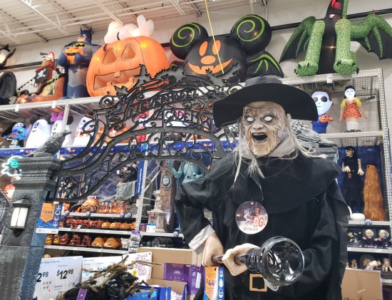 Halloween display in a hardware store, tons of giant lawn creatures and battery-powered monsters.