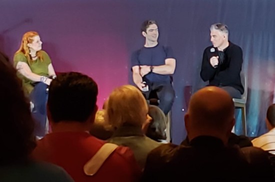 Ethan Peck and Anson Mount at stage right, Bonnie Gordon at stage left.