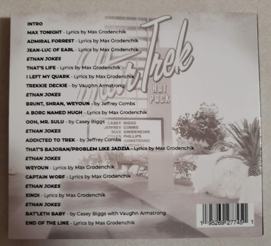 The back of the Star Trek Rat Pack CD, listing all their song titles.