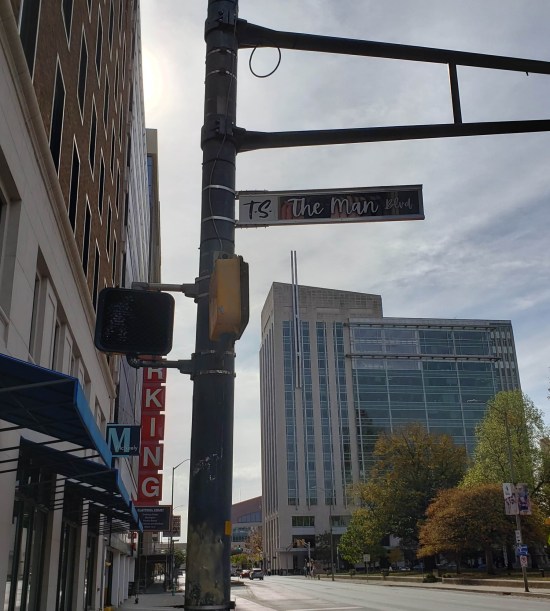 The Man Blvd sign! Glass building and parking sign in the background.