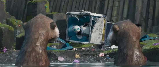 ROZ emerging from a large delivery crate on a shore where a family of otters stares at it.