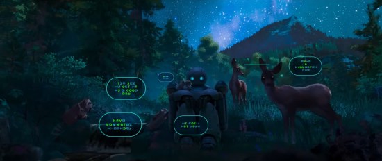 ROZ sitting in the forest at night, surrounded by animals and slowly decoding their respective word balloons.
