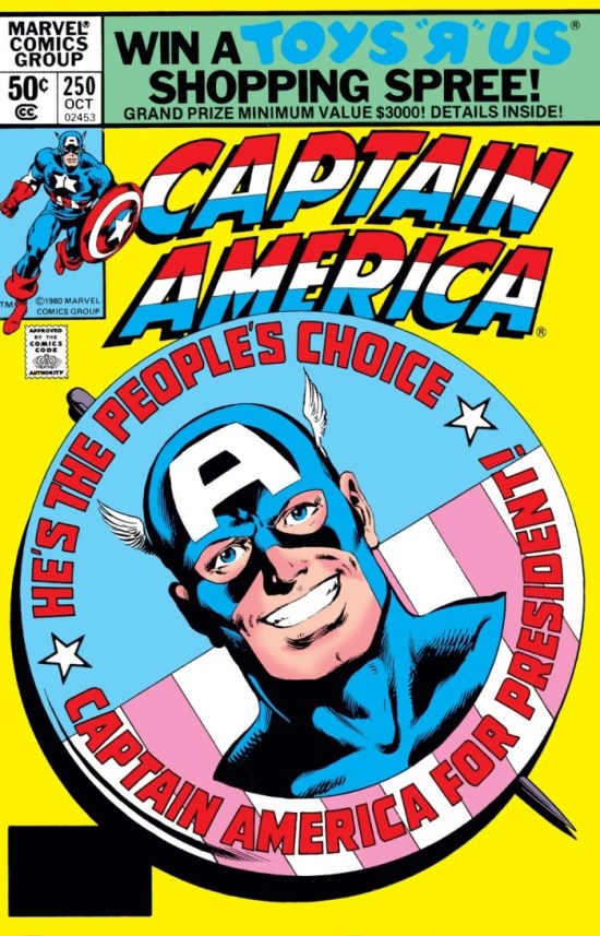 Comic book cover: campaign button reading "Vote the People's Choice: Captain America for President!" His smiling face is on a flag background. The rest of the cover is yellow.