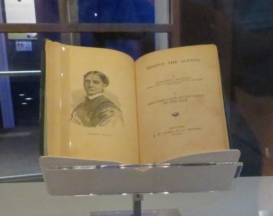 Copy of Keckly's memoir open to the title page. A drawing of her is on the left-hand page.