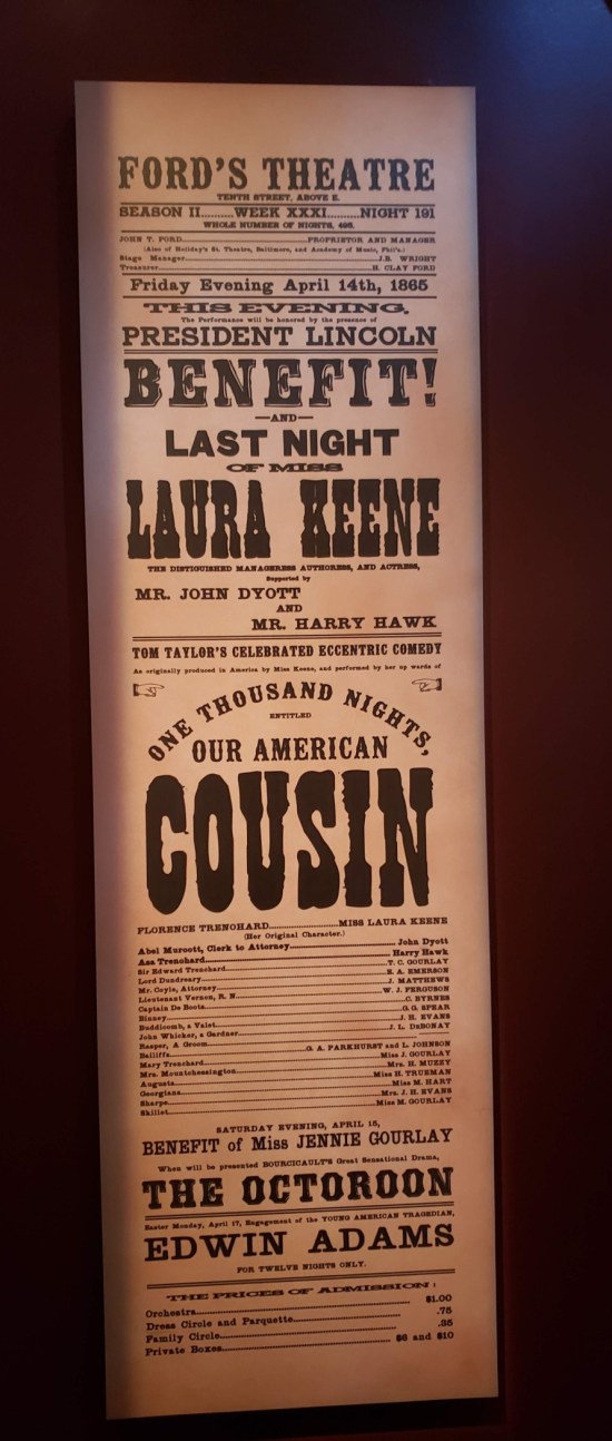 Enlarged poster for the 4/14/1865 performance of "Our American Cousin".