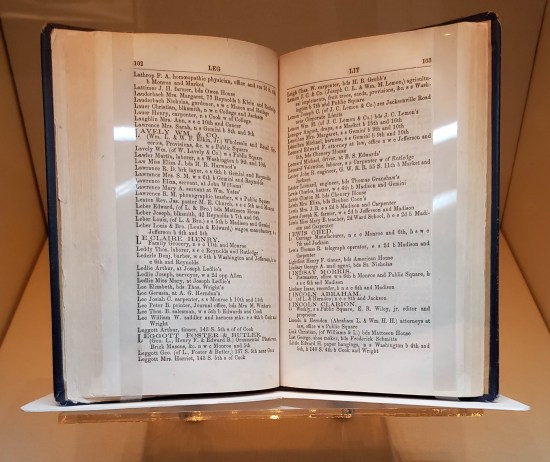 Springfield 1860 directory opened to the 'L' section. Lincoln's listings are on the right and have no street numbers.