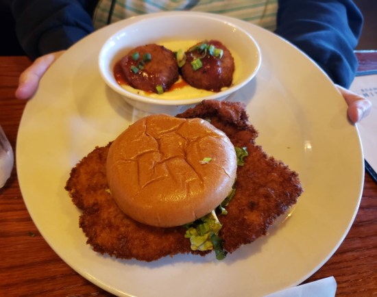 Pork tenderloin sandwich with meat twice the width of the bun, as is Hoosier custom. Also, a bowl with two tiny topped potato things.