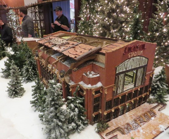Intricate wood model of Lucas Oil Stadium