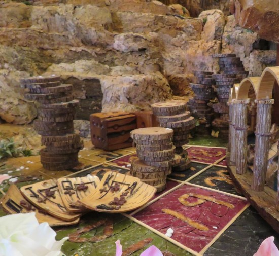 Intricate wood model of Vegas gambling chips.