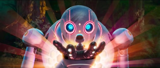 Robot has baby bird in its palm. Hand emits red and orange light rays into the darkness around them, diffused through its fingers.