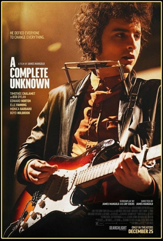Movie poster with Timothee Chalamet onstage, playing acoustic guitar and harmonica holder around his neck.