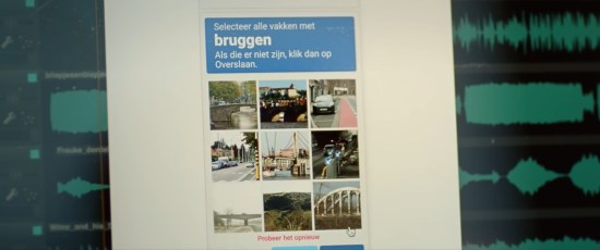 A Dutch Captcha test asks the user to click on all pictures of bridges.