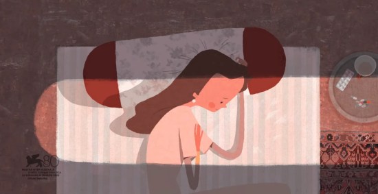 2-D animated woman asleep on a floor mat in light shadows with sunlight pouring in through a narrow rectangular window. Next to her on a table are components of an elderly relative's daily medicinal regimen.