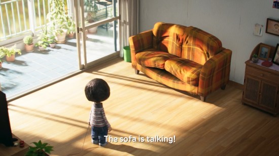 Japanese kid in an apartment listens to his talking sofa. Subtitles: "The sofa is talking!"