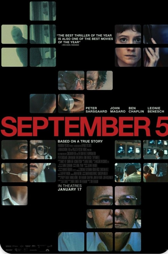 Movie poster for "September 5" depicting the four main cast members, each visage divided across multiple TV screens.