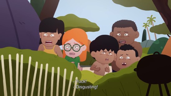 Five French cartoon kids hide behind bushes, revolted because two olds are about to kiss. Subtitles: "Yuck! Disgusting!"