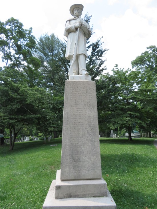 White CSA soldier statue atop a white pedestal with 160 names etched on it.