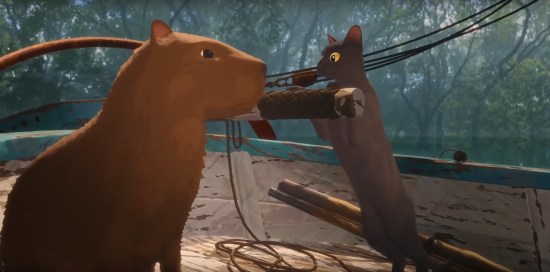 A black cat stands on a fishing boat with its front paws on the rudder, staring into the eyes of a capybara next to it. Background is a hazy forest.