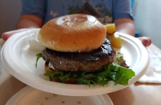 Closeup of lamb burger on paper plate, topped with lettuce.