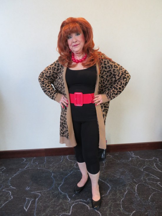 cosplay: Peg Bundy in leopard robe.