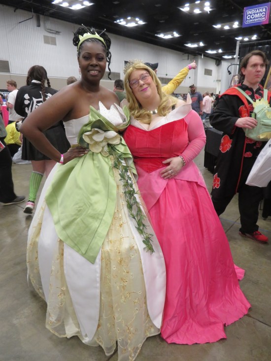 cosplay: Tiana and Aurora in ballroom gowns.