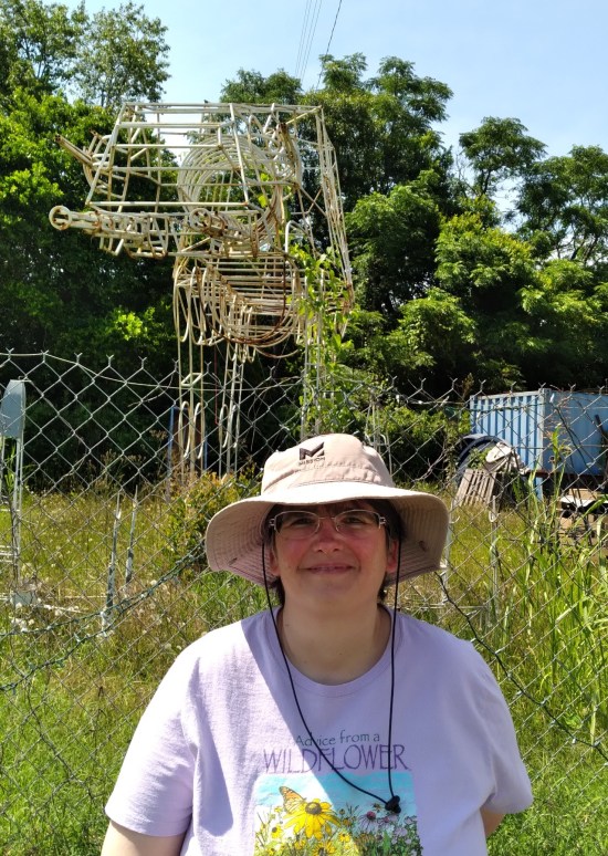 Anne standing in front of a tall chain-link fence separating us from the wire AT-AT.