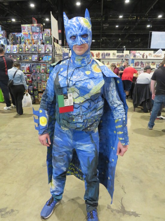 Batman costume covered in Van Gogh's "Starry Night" motifs.