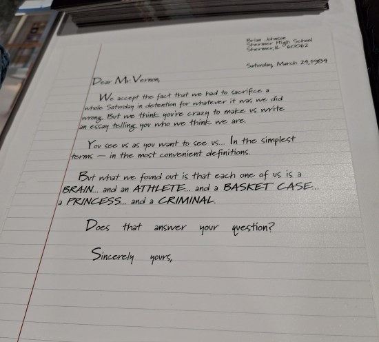 Facsimile of the letter that's read at the end of "The Breakfast Club" on notebook paper, but unsigned.