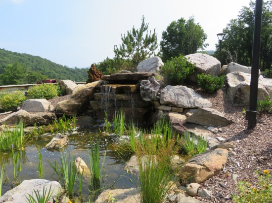 Decorative pond with peaceful waterfall as welcome center outdoor centerpiece.