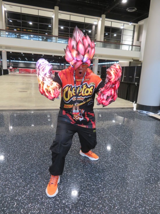 Costume Super Saiyan Vegeta with Flamin' Hot Cheetos shirt.