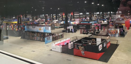 Deserted exhibit hall after closing time.