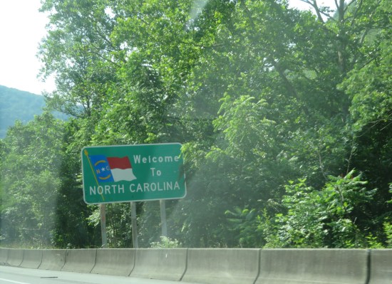 Welcome to North Carolina interstate sign partially obscured by trees.