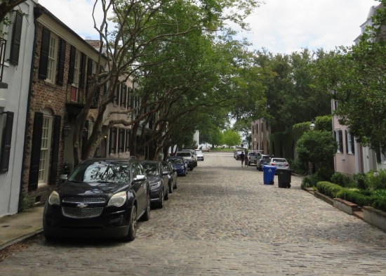 cobblestone road with houses and deciduous trees on both sides.