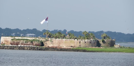 Fort on distant island, flying the Second National Flag of the Confederacy.