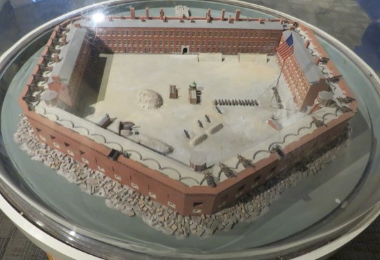 Fort Sumter diorama, pentagon shape and buildings along the bottom three edges which do not exist as of today.