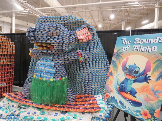Sculpture of Disney's Stitch made mostly of cans of StarKist Tuna.