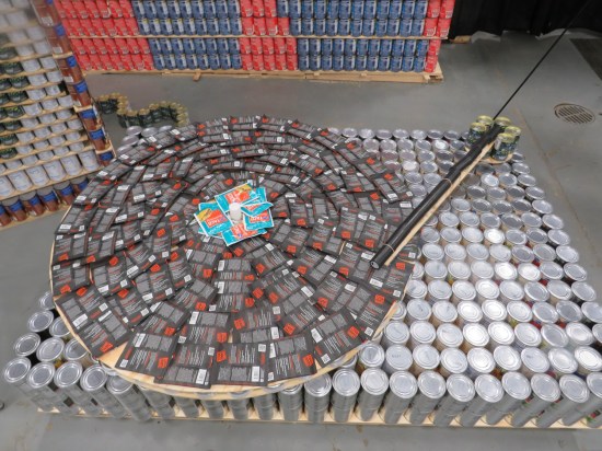 canned food sculpture of record player