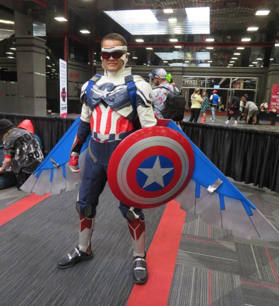 Captain America Sam Wilson costume, wings spread.