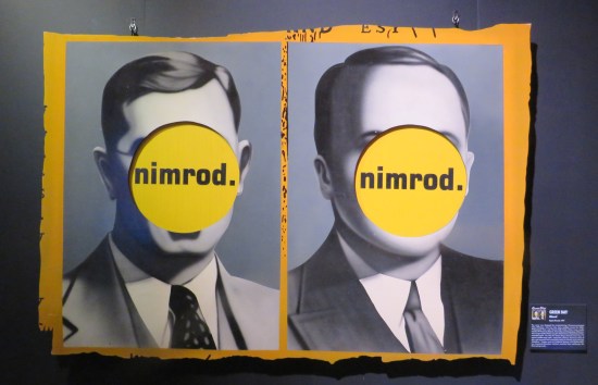Cover art with yearbook photos of two businessmen whose faces are covered by yellow circles, both labeled "Nimrod".