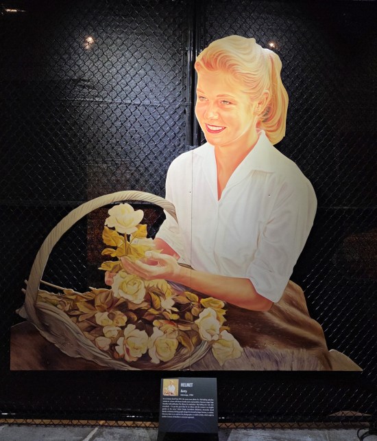 Wall-sized reproduction of 1960s blond housewife with flower basket.