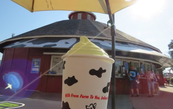 Key Lime Shake posed on a table in front of the Dairy Barn itself, the morning sun glaring in the upper right corner.