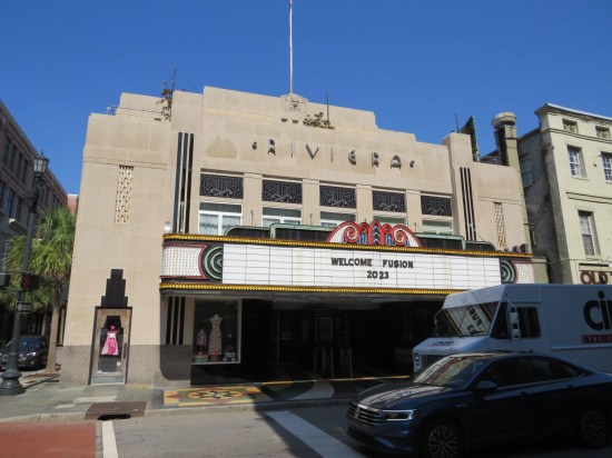Riviera Theater marquee reads "Welcome Fusion 2023", whatever that means.