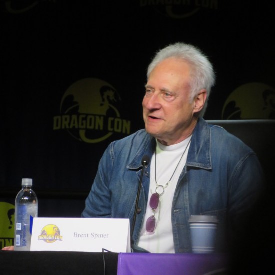 Brent Spiner at a Q&A, surely about to say something hilarious.