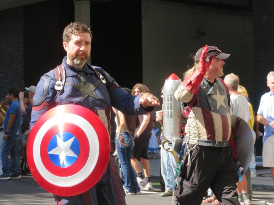 Two different Captain America costumes, one with a jetpack.