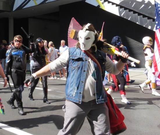 Casey Jones costume with hockey mask and sledgehammer.