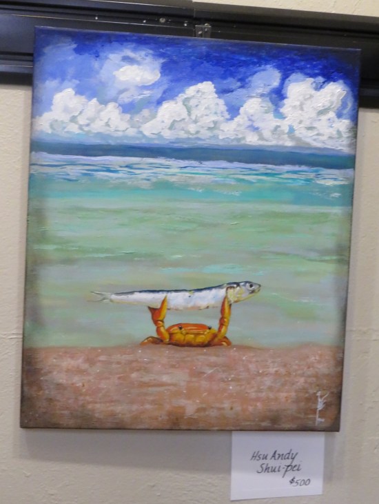 Painting of crab walking ashore holding fish in both claws.