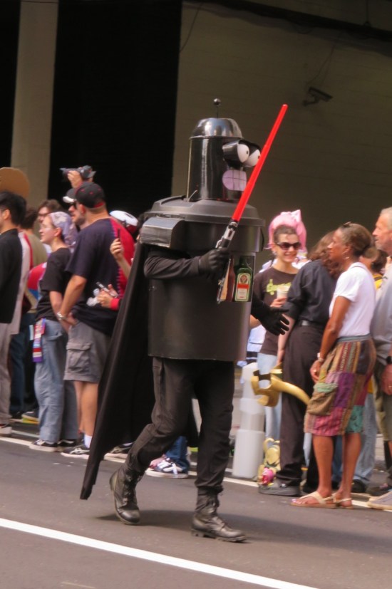 Futurama Bender costume painted black, with black cape and red lightsaber.