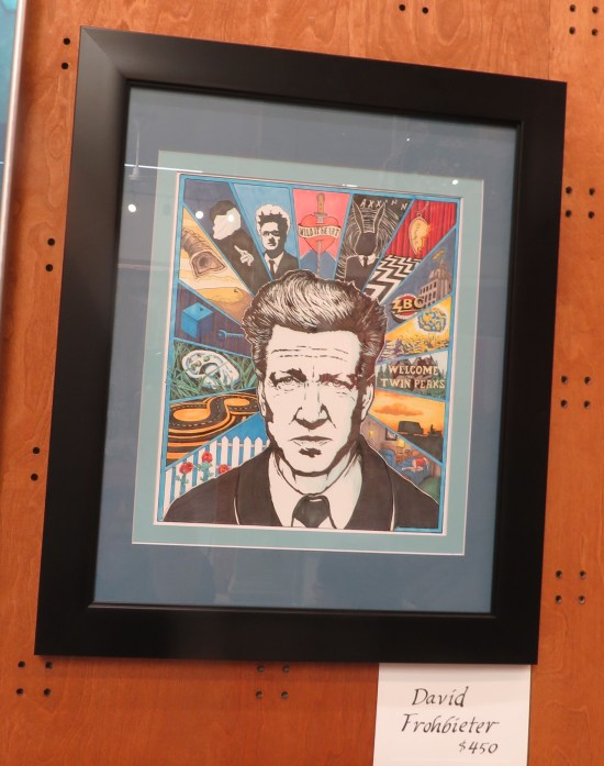Painting of David Lynch in black-and-white in front of color snippets from some of his films.