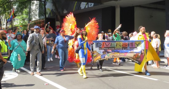 Diversity in Speculative Fiction and Literature, large grouping with banner.